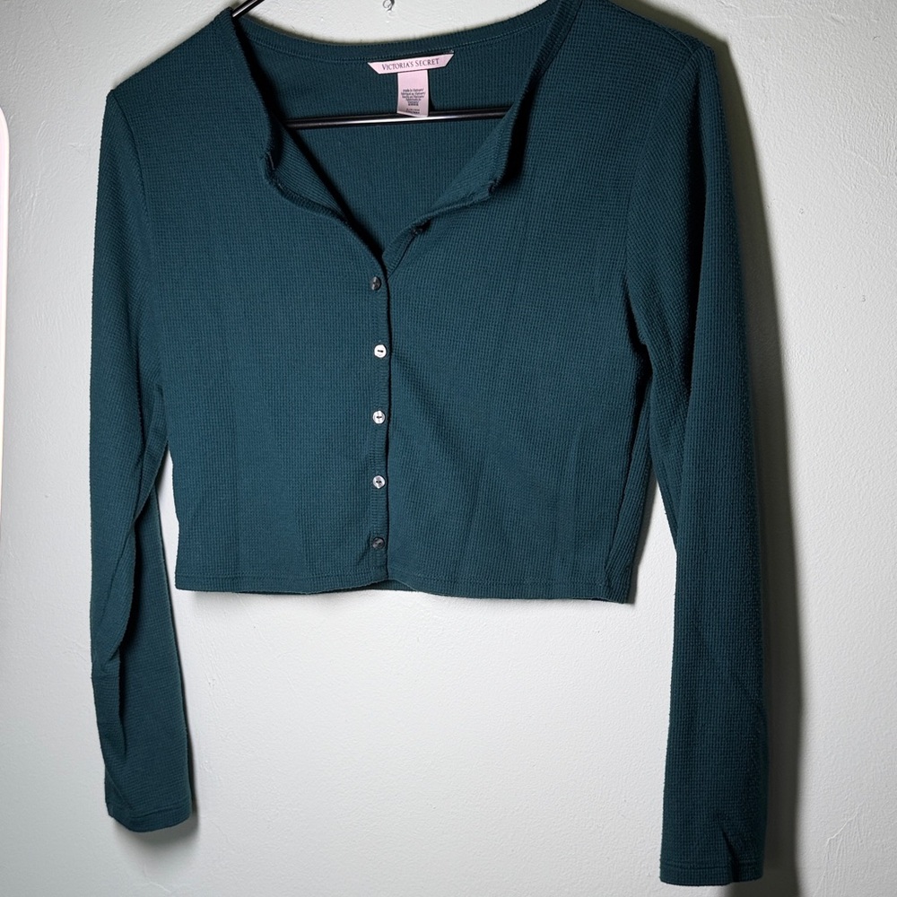Victoria's Secret Dark Teal Cropped Button-Down Henley Long Sleeve Top